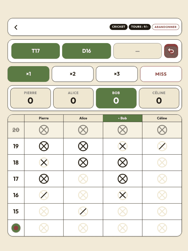 Capture d'écran de l'interface Score Darts en mode Cricket avec 4 joueurs et grille de marques par cible