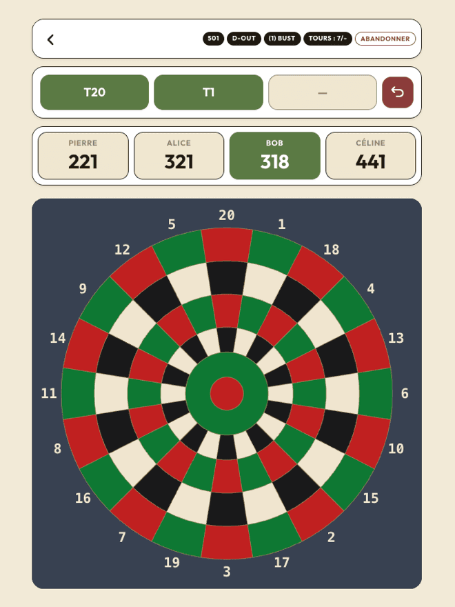 Capture d'écran de l'interface Score Darts en mode 501, montrant les scores des joueurs et la cible interactive