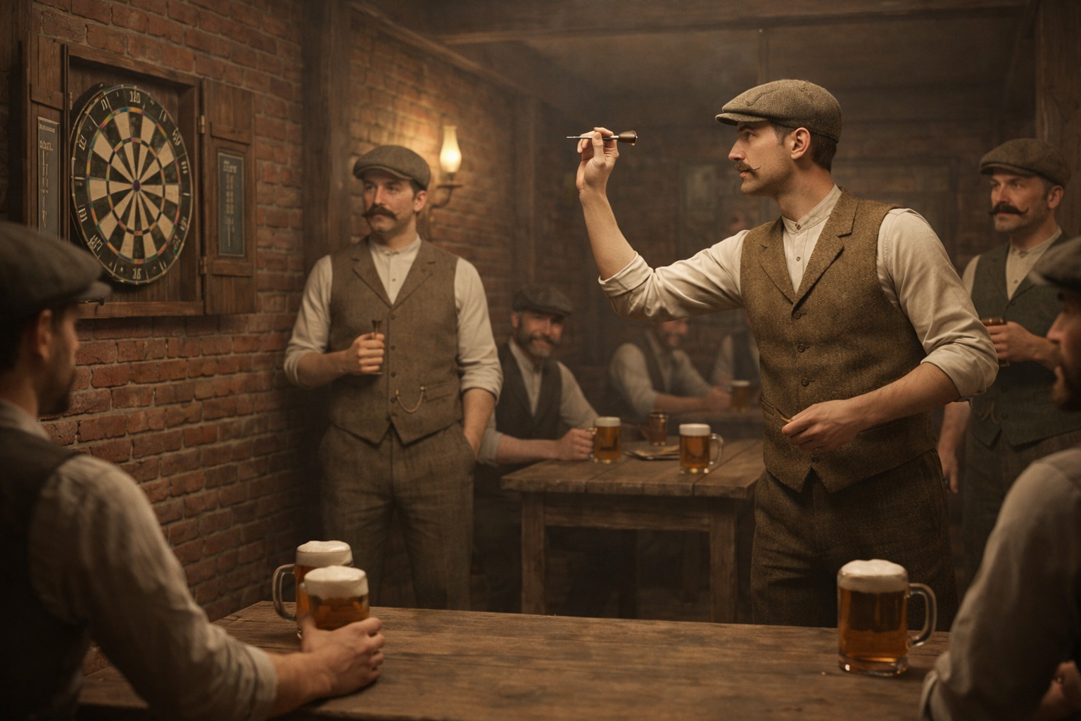 Pub anglais victorien avec joueurs de fléchettes